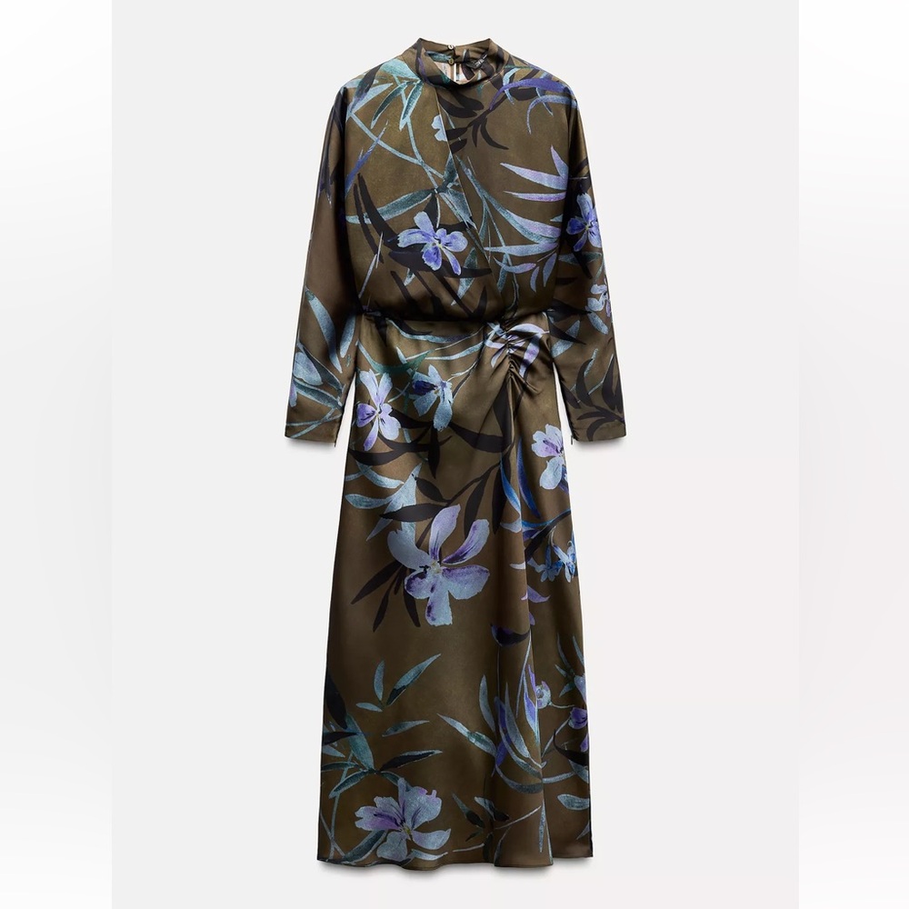 NWOT Zara Olive Floral Long Sleeve Dress